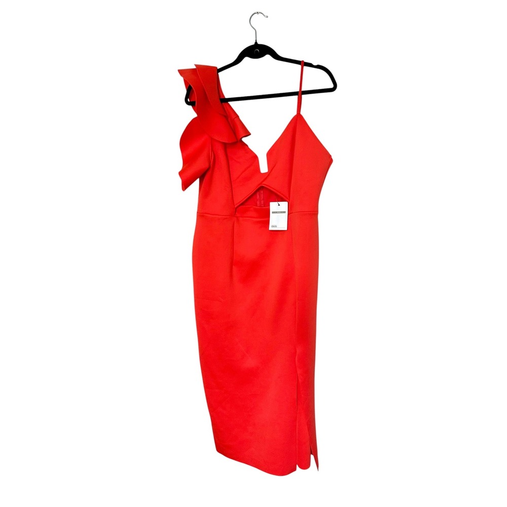 ASOS Tall Orange Red One Shoulder Ruffle Cutout Midi Dress Wedding Guest Size 14